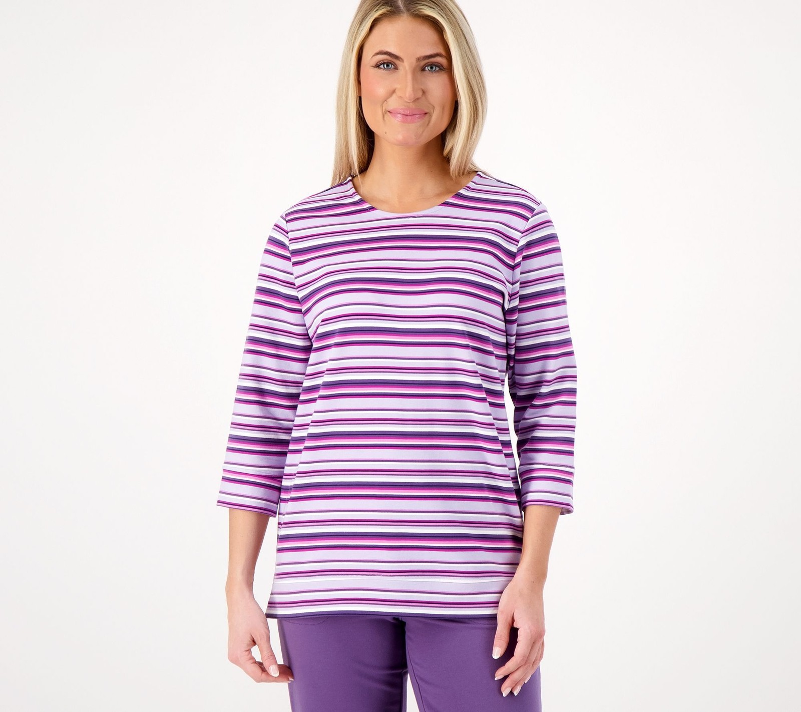 Denim & Co. Women's Top Sz 2XS (XXS) Active Striped French Terry Purple A596383