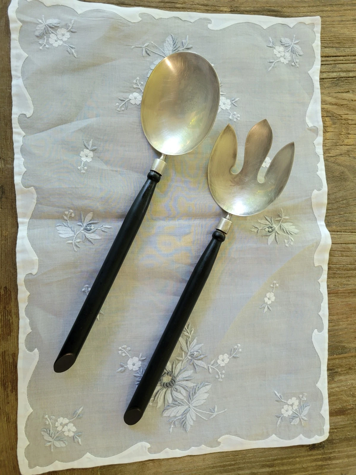 MCM Silvercraft Forged Stainless Black Handle Salad Serving Set Fork & Spoon EUC