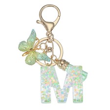Alphabet Initial Letter Keychain Cute Charm with Tassel Butterfly Letter m Green