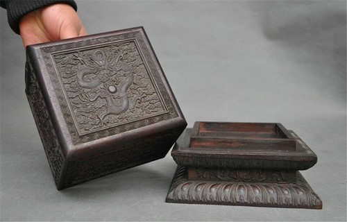 Caja de sellos antiguos de 5 dragones tallados a mano de madera china Huanghuali de 6" - Imagen 9 de 12