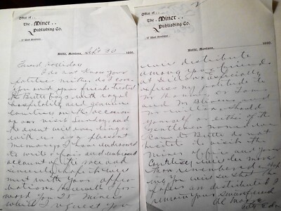 1890 Miner Publishing Co Butte, MT - Brief von Al Moore, Stadt Editor