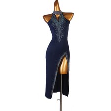 NEW Latin Ballroom Dance Dress Modern Salsa Waltz Standard Long Dress F621 Navy