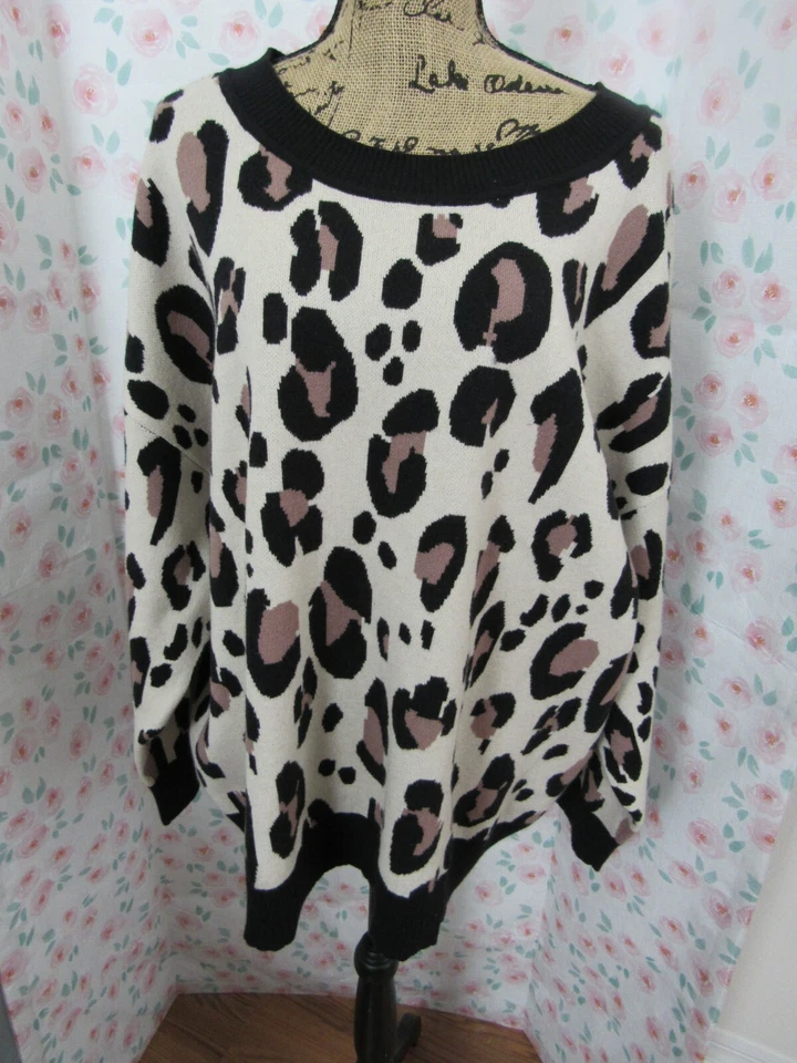 EVRI, ЖЕНЩИН НОВЫЙ ЧЕРНЫЙ/БЕЖЕВЫЙ ХЛОПОК BL ДЛИННЫМ РУКАВОМ ЛЕОПАРД СВИТЕР, РАЗМЕР 3 X