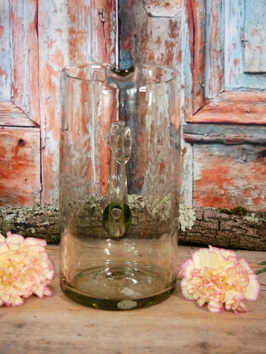 Tall Glass Pitcher Handblown Etched Plants Wheel Cut Pale Green Mexican Folk Art - Picture 7 of 18