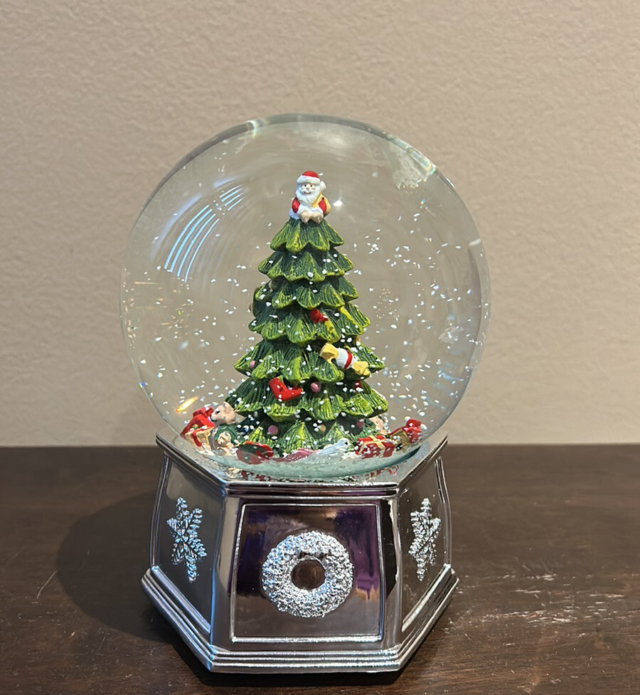 Spode Christmas Tree Snow Globe - Musical Winter Wonderland Decor With "We Wish You A Merry Christmas"