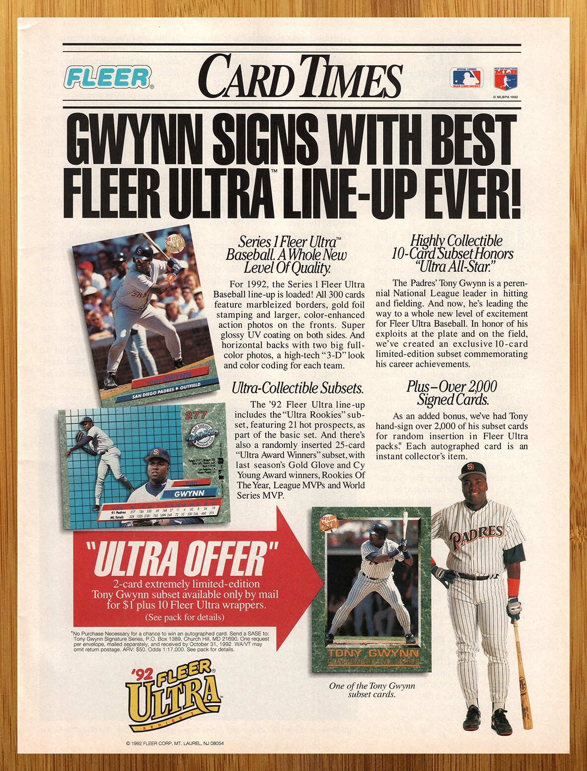 1992 Fleer Ultra Baseball Cards Tony Gwynn Vintage Print Ad/Poster MLB Art 90s