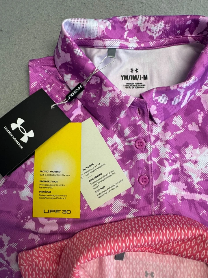 (2) Nuevo conjunto de polos de golf Under Armour para jóvenes medianos 10-12 niñas estampado de hojas precio de venta sugerido por el fabricante $110 Foto 3 de 4