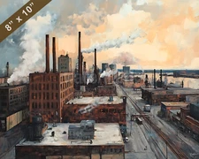 Detroit with industrial landscape oil painting 8x10 Print