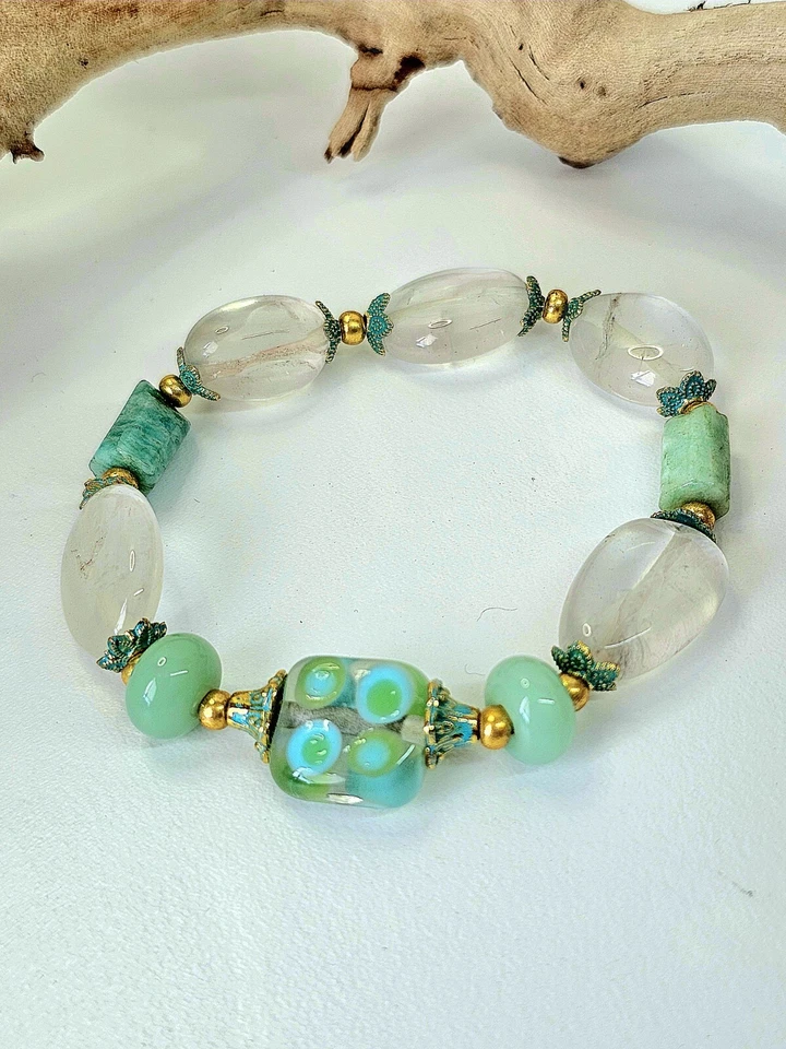 Teal Apatite 石英石灰灯手工波西米亚串珠弹力手链 | 独一无二 — 第 4/4 张图片