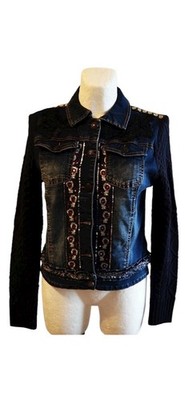 Desigual Denim Jeans Jacket Embroidered All Over Boho Abstract Distressed Size S
