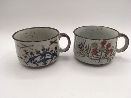 Vtg Speckled Stoneware Hand Painted Soup Coffee Mugs Cups Japan Otagiri ? 14oz