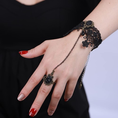 Black Lace Finger Ring Bracelets Goth Gothic Hand Chain Halloween Costume Jewelr - Picture 3 of 7