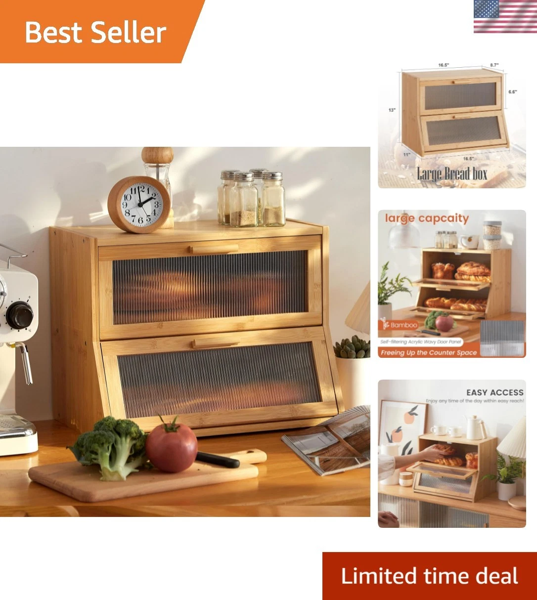 Double Layer Bamboo Bread Box for Kitchen Counter,Large Capacity Bread Storag...