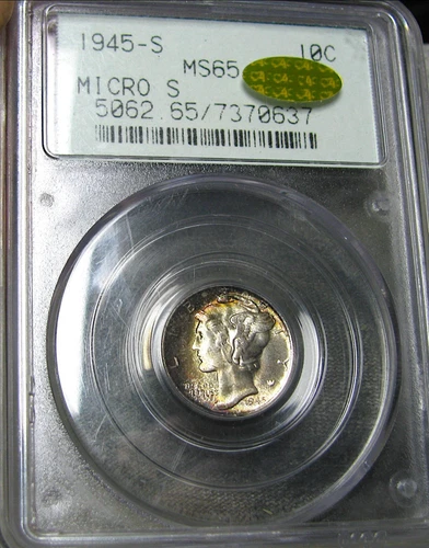 1945-S Micro S Mercury Dime Old PCGS holder MS-65 PCGS Gold CAC Rainbow #692C