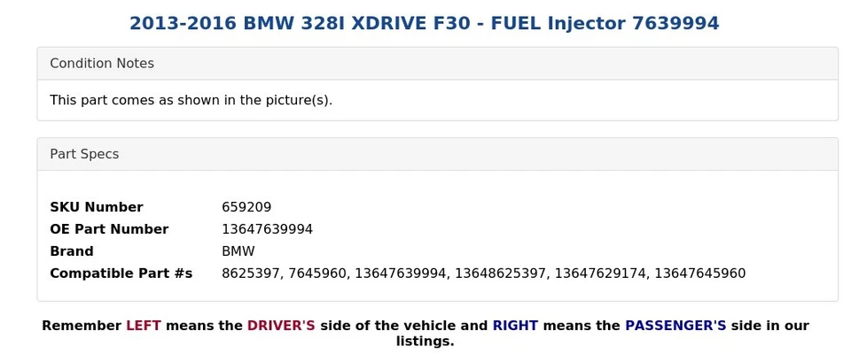 BMW 328I XDRIVE F30 2013-2016 - Inyector de combustible 7639994 Foto 3 de 3