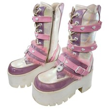 Demonia Ashes-120 holographic patent chunky platform boots women size 8 Pink