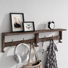 Coat Hooks, Wood Rack Wall-Mounted, 31.5 Inch Entryway Shelf with 10 Hooks