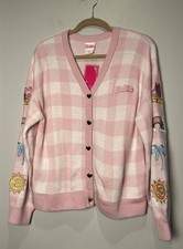 Barbie The Movie Pink Gingham Cardigan Sweater Size Medium Heart Buttons NWT