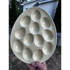 Vintage Yellow Ceramic Egg Shaped Deviled Egg Platter 12 Compartments
