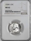 1938-S 25C WASHINGTON SILVER QUARTER SAN FRANCISCO MINT  NGC MS62 #8405238-042