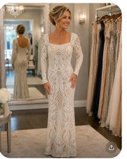 Windsor White Sequin Nude Mesh Long Sleeve Mermaid Gown SYM1810WD Womens S SZ 4