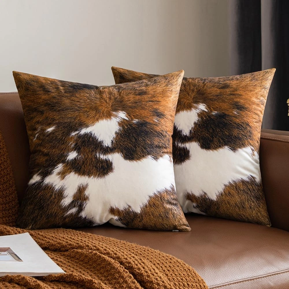 Pack of 2 Decorative Throw Pillow Covers Cowhide Brindle Printed Couch Throw ...