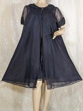 Vintage Vassarette Lingerie Black DBL Layer Chiffon Lace Collar Peignoir Robe M