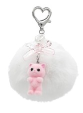 Cute Fuzzy Cat Keychain with Faux Fur Pompoms - Y2K Flocking Kitty Key Pink2