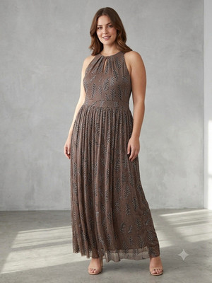 Candalite Brown Leaf Metallic Embroidered Chiffon Crew Neck Maxi Dress L
