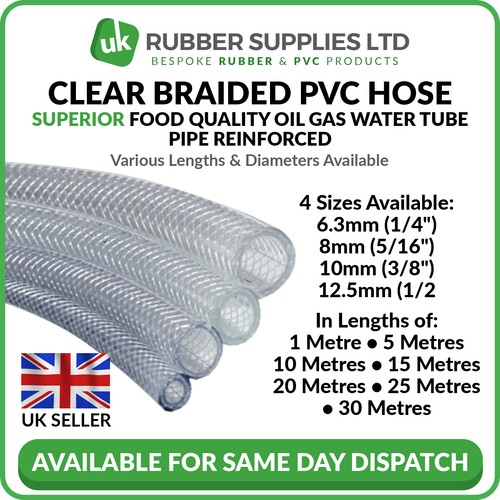 CLEAR PVC BRAIDED HOSE - FOOD GRADE - OIL / GASES / WATER - REINFORCED PIPE TUBE - Picture 7 of 8