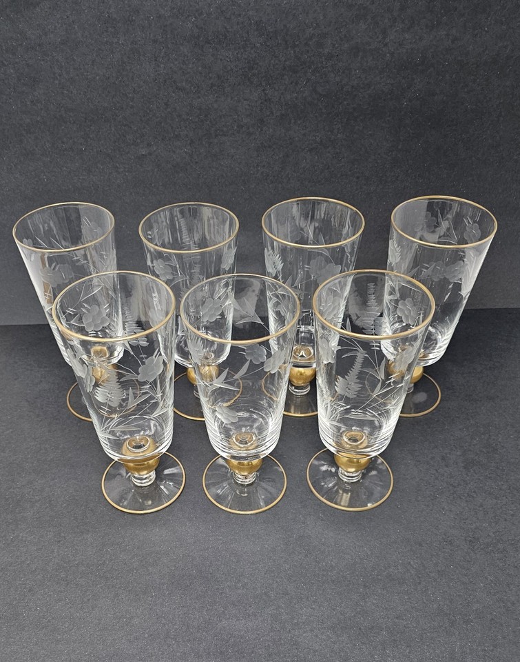7 Vintage Glastonbury Lotus Etched Iced Tea Glasses Gold Ball Stem ...
