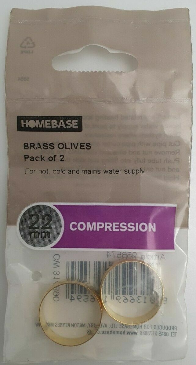 22mm Brass Compression Olives For Hot Cold Mains Water Supply - packet of 2