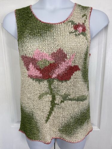 DANA BUCHMAN Woven Silk Floral Rose Blouse Size M Pink Green Cream vtg
