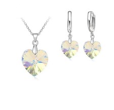 Heart Shaped Crystal Jewelry Set, Necklace and Earring, sterling Silver 925 -New