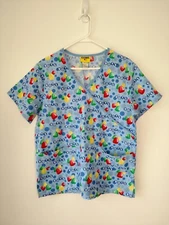 Dots Candy Womens Scrub Top Size S Blue Multicolor Short Sleeve Pull Over