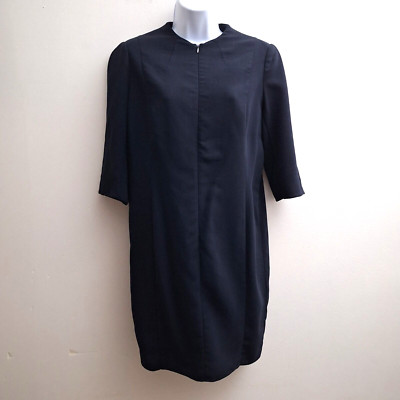 AKRIS Navy Blue Shift Wool Dress 10 3/4 Sleeves Zip Front Stretch Minimalist