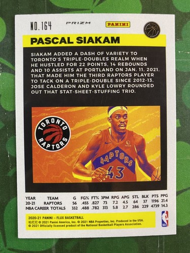 2020-21 Panini Flux Pascal Siakam Green Cracked Ice Prizm #164 Toronto Raptors - Picture 2 of 2