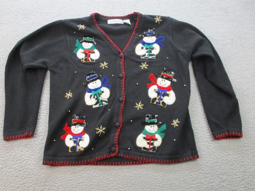 Vintage Weihnachtspullover Damen Medium Schneemänner verziert Pailletten Cardigan Urlaub