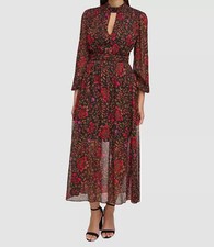 Guess Women's Black Floral Chiffon Cutout Long-Sleeve Lace-Up Maxi Dress Size 14