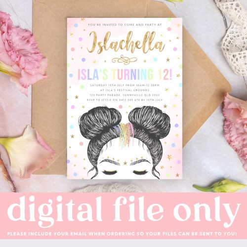 Printable Girl's Music Festival Birthday Invitation, Summer Boho Digital Invite - 第 1/3 張圖片