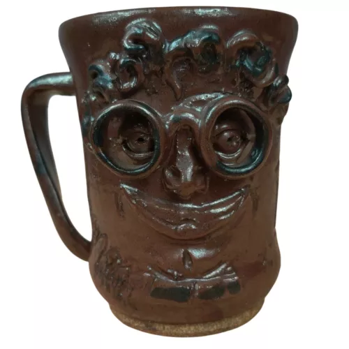 Face Mug Handmade Studio Art Brown Stoneware Pottery Eyeglasses Signed Rustic