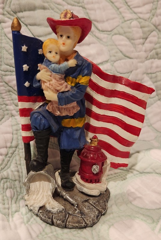 Firefighter Figurine with Dalmation Dog, Flag & Child