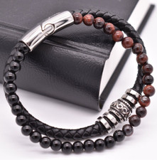 Men's Obsidian Tiger's Eye Leather Healing Energy Reiki Bracelet Perfect Gift