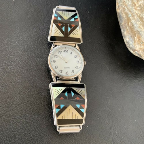 Puntas de reloj para hombre Zuni plata esterlina ónix coral turquesa puntas banda 11576 - Imagen 3 de 12
