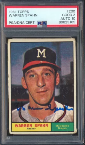89823169 Warren Spahn 1961 Topps #200 Autograph PSA 2 Auto 10