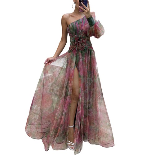 Evening Party Summer Womens Casual One Shoulder Flowy Maxi Mesh Dresses Cocktail - Picture 13 of 24
