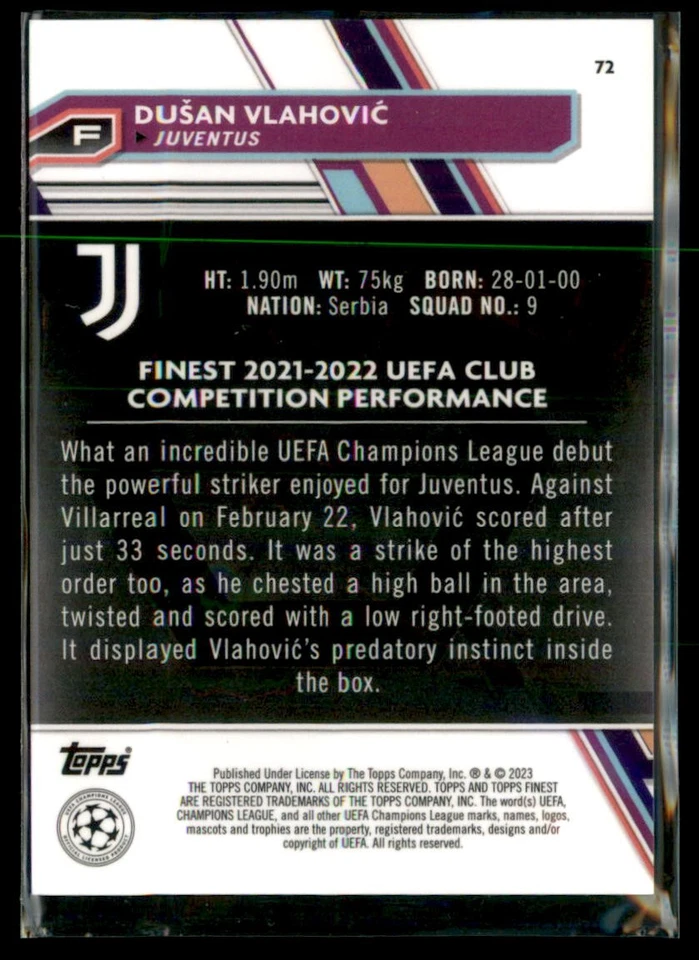 2022 Topps Finest Rose Gold Refractor UEFA Dusan Vlahovic Juventus 72  /75 - Image 2 of 2