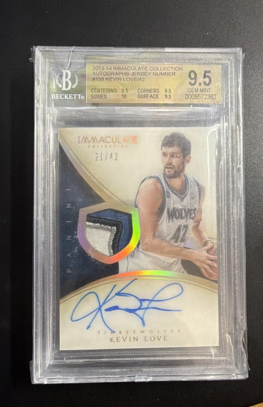 2013-14 Panini Immaculate Game Used Patch Auto Kevin Love # /42 BGS 9.5 Gem+