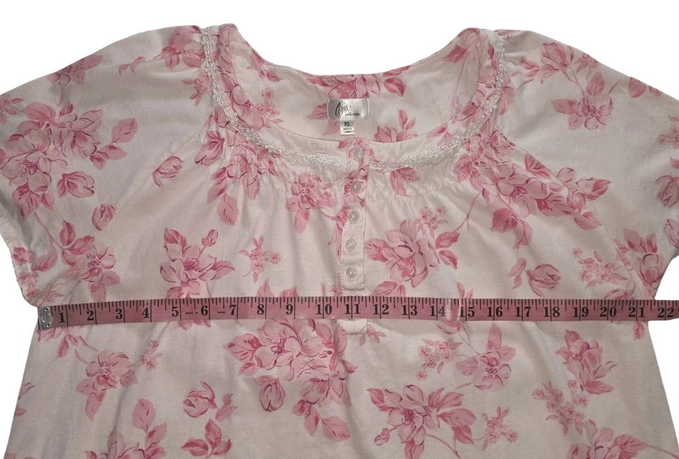 Aria Pink & White Floral Cotton Short Sleeve Nightgown Pockets Women's Size XL - Image 4 of 4