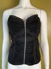 bebe Silk Blend Black Zip Front Ruffle Corset Top Bustier Goth Coquette Fairy M